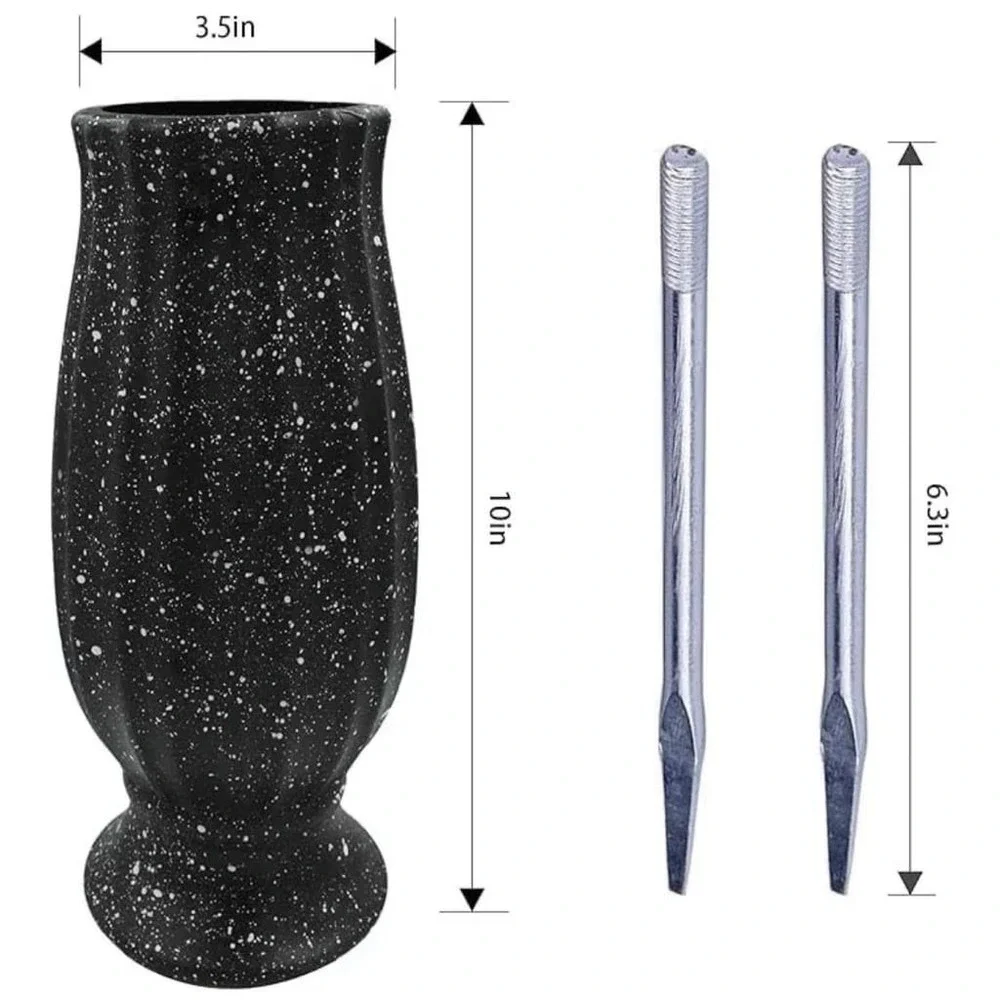 Set of 2 Black Granite Style Plastic Cemetery Vases with Metal Ground Spikes for